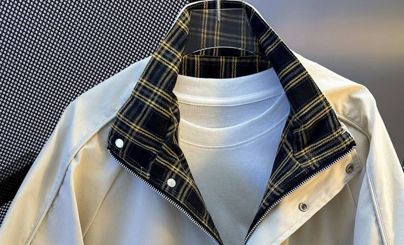 Plaid Patchwork Baseball Jacket – Men's Oversized Shoulder-Padded Jacket With Stand Collar_voghion.com