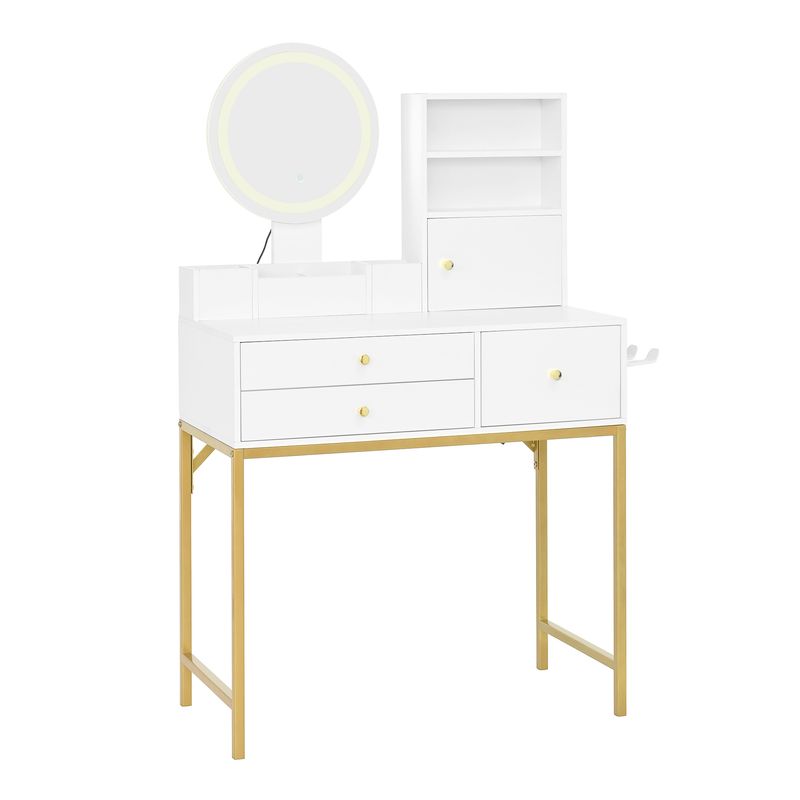 Großer Schminktisch mit dimmbarer LED-Beleuchtung (3 Farbtemperaturen), 3 Schubladen & 1 Türn,1 Spiegel_voghion.com
