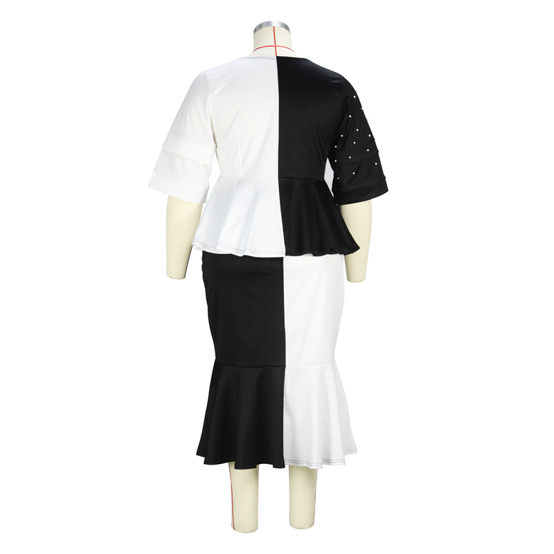 black and white contrasting color stitching beaded top fishtail skirt plus size suit_voghion.com