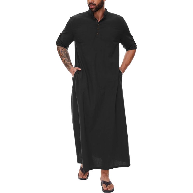 Túnica musulmana de estilo árabe, sencilla, de algodón y lino, larga, con cuello alto y botones para hombre._voghion.com