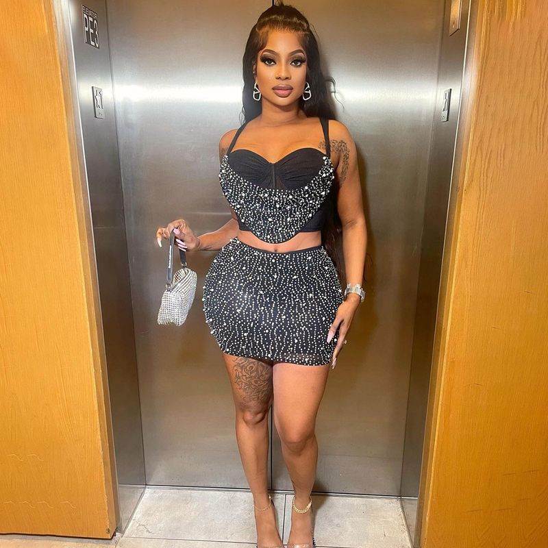 Trendy Rhinestone Crop Top With Bodycon Pencil Skirt Set - Sexy Two-Piece Outfit For Women_voghion.com