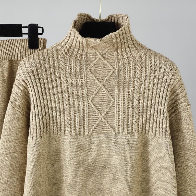 Ensemble de pantalons tricotés doux et polyvalents pour femmes, col mi-haut, pull ample décontracté, vent doux_voghion.com