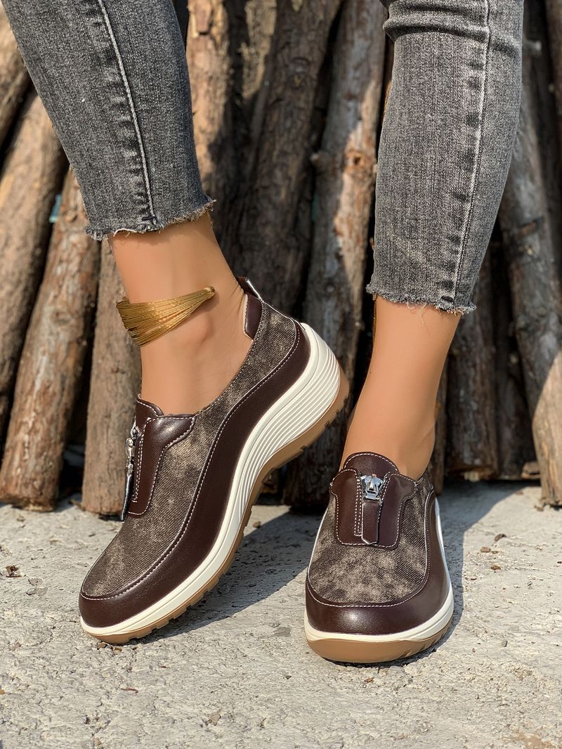 Damenschuhe große Freizeitschuhe farblich passende Leopardenmuster Keilabsatz dicke Sohle runde Zehen Slip-On-Schuhe_voghion.com