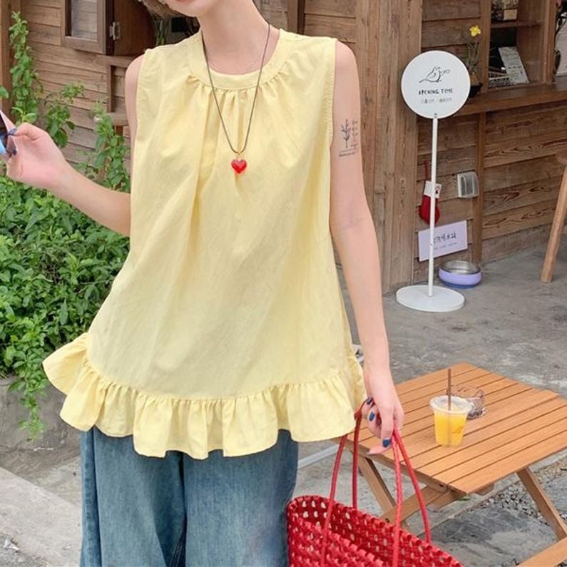 Design Sense Gilet con volant alla francese per donna 2025 Nuovo stile coreano, pullover versatile, senza maniche, alla moda_voghion.com