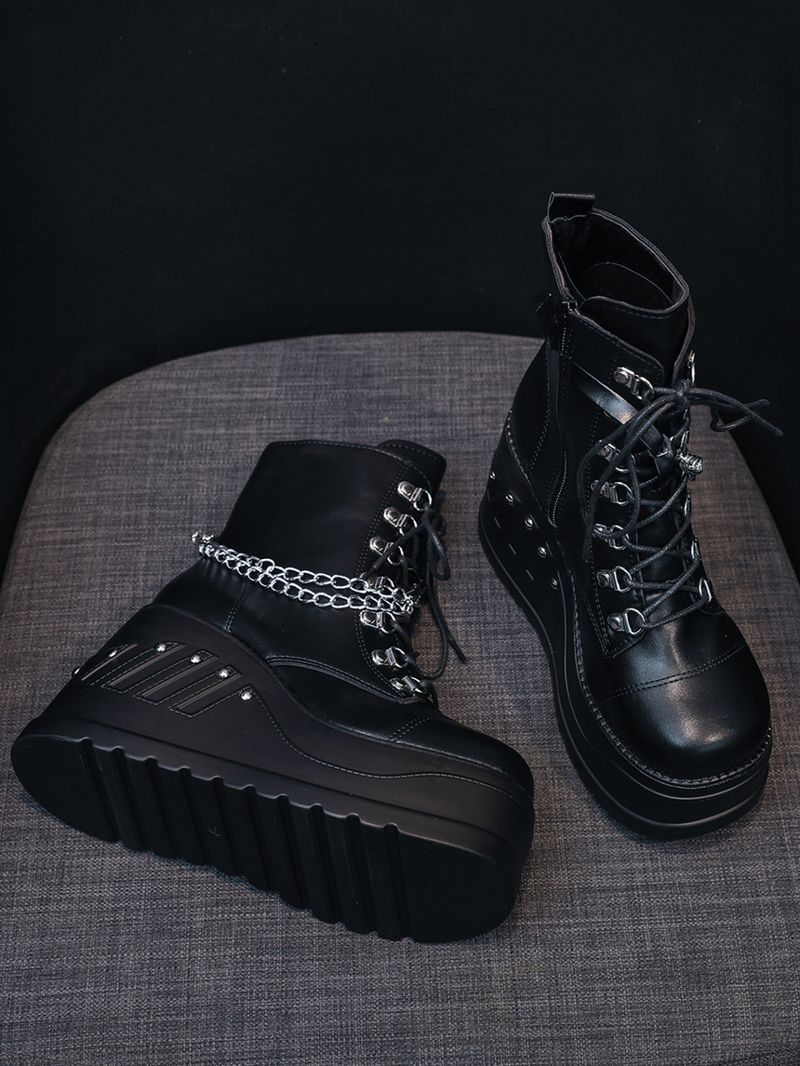 Women's shoes round head side zipper strip thick bottom round head wedge heel ladies Martin boots _voghion.com