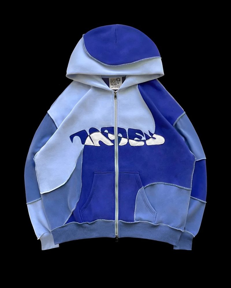 Streetstyle heren dames patchwork kleurcontrast hoodie met rits en open draadontwerp, loszittende jas en_voghion.com