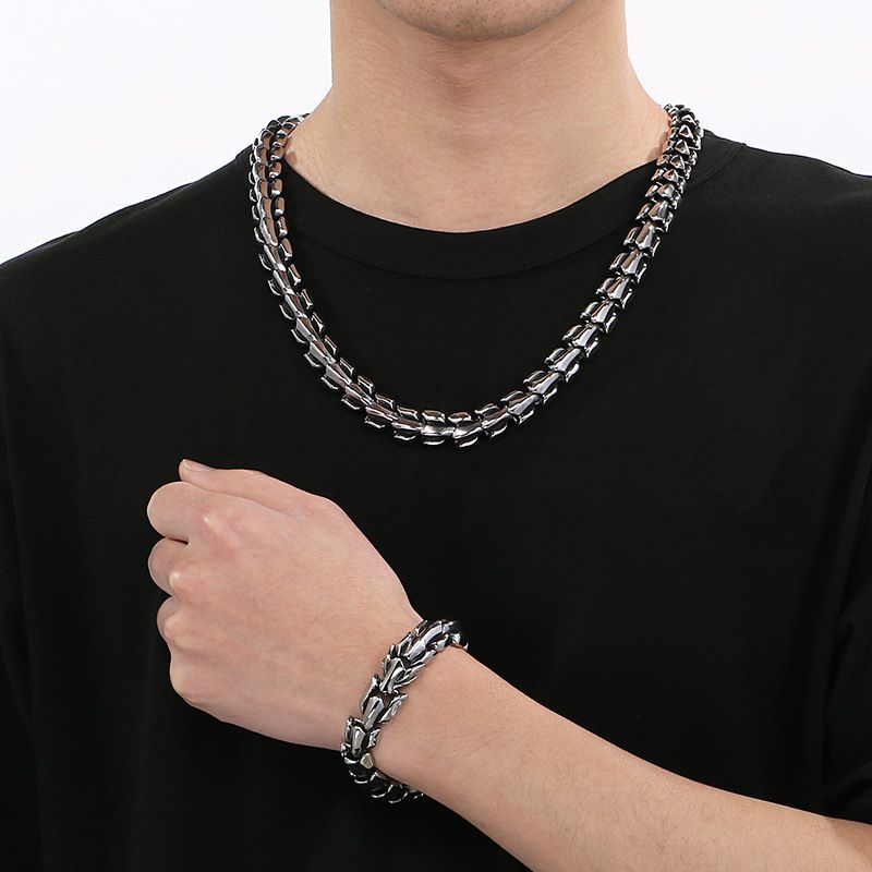 Set di collana e bracciale in acciaio al titanio con scaglie di drago da uomo - Elegante catena unisex con esclusivo design a forma di drago, placcata sottovuoto in vari colori_voghion.com