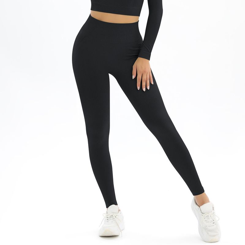 New Peach Seamless Solid Color Jacquard Yoga Waist High Elastic Tight Sports Running Fitness Pants_voghion.com