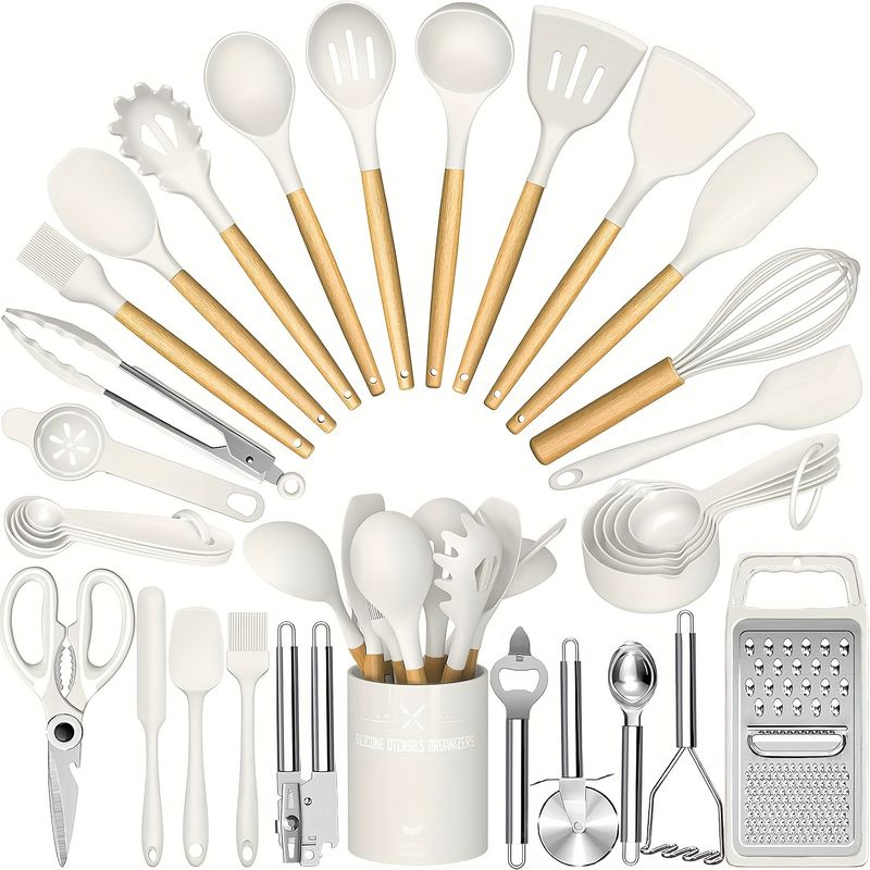 34-teiliges Küchenhelfer-Set aus Silikon mit Halter, hitzebeständig, antihaftbeschichtet, Kochgeschirr, Werkzeuge, schwarze Holzgriffe, Vatergeschenk_voghion.com