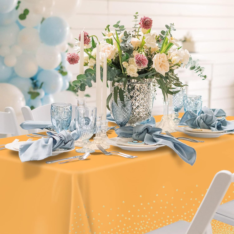 2Pcs orange tablecloths, 54×108 inches, gold dot orange tablecloths, disposable waterproof orange plastic tablecloths_voghion.com