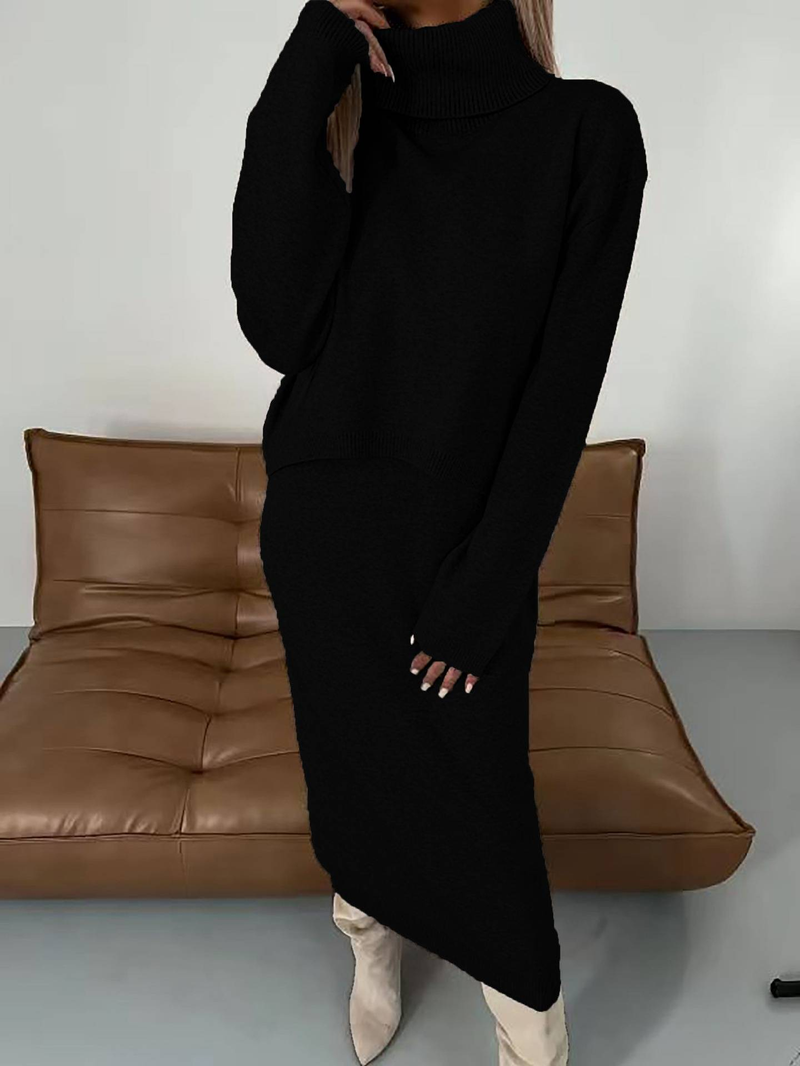 Women's Clothing Solid color high collar knitted hip skirt two piece set autumn and winter knitted suit _voghion.com