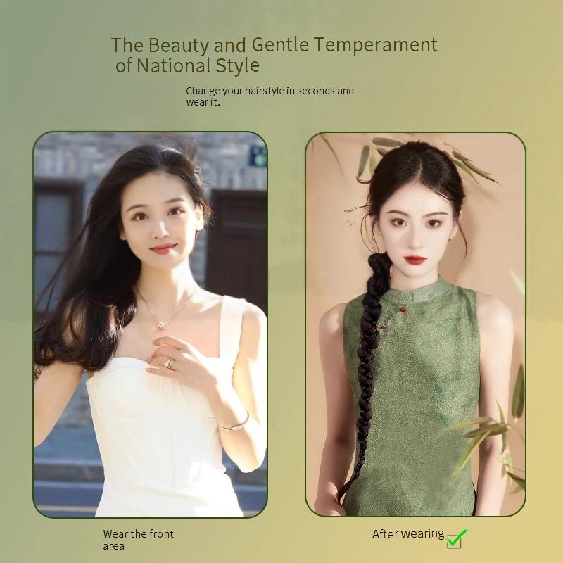 Parrucca con coda di cavallo intrecciata in stile cinese per donna - Treccia laterale realistica con clip regolabili (pronta da indossare, resistente al calore e in stile bohémien)_voghion.com