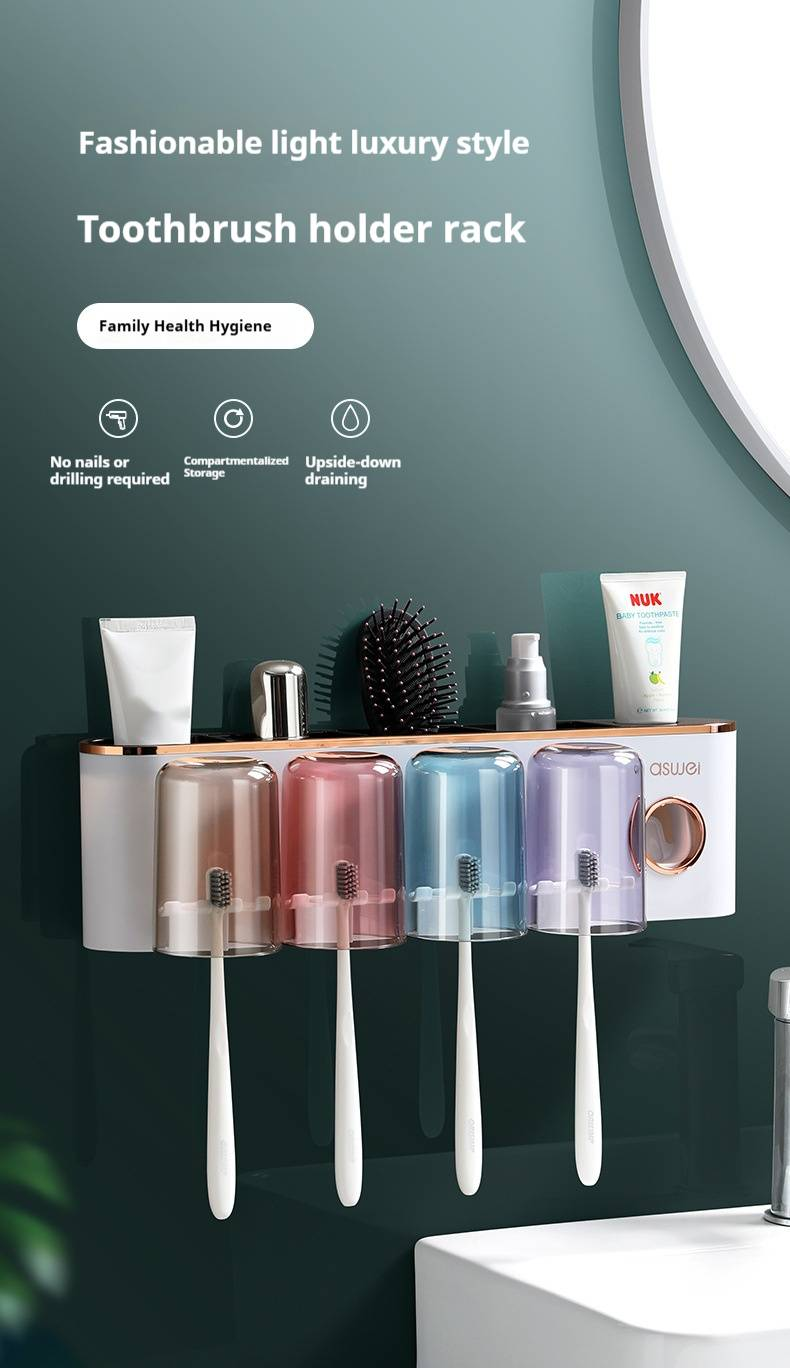 Toothbrush Holder Set – Wall-Mounted Bathroom Organizer With Toothpaste Dispenser, No-Drill Installation & Plastic Cups (Gold Trim, 2/3/4 Slots)_voghion.com