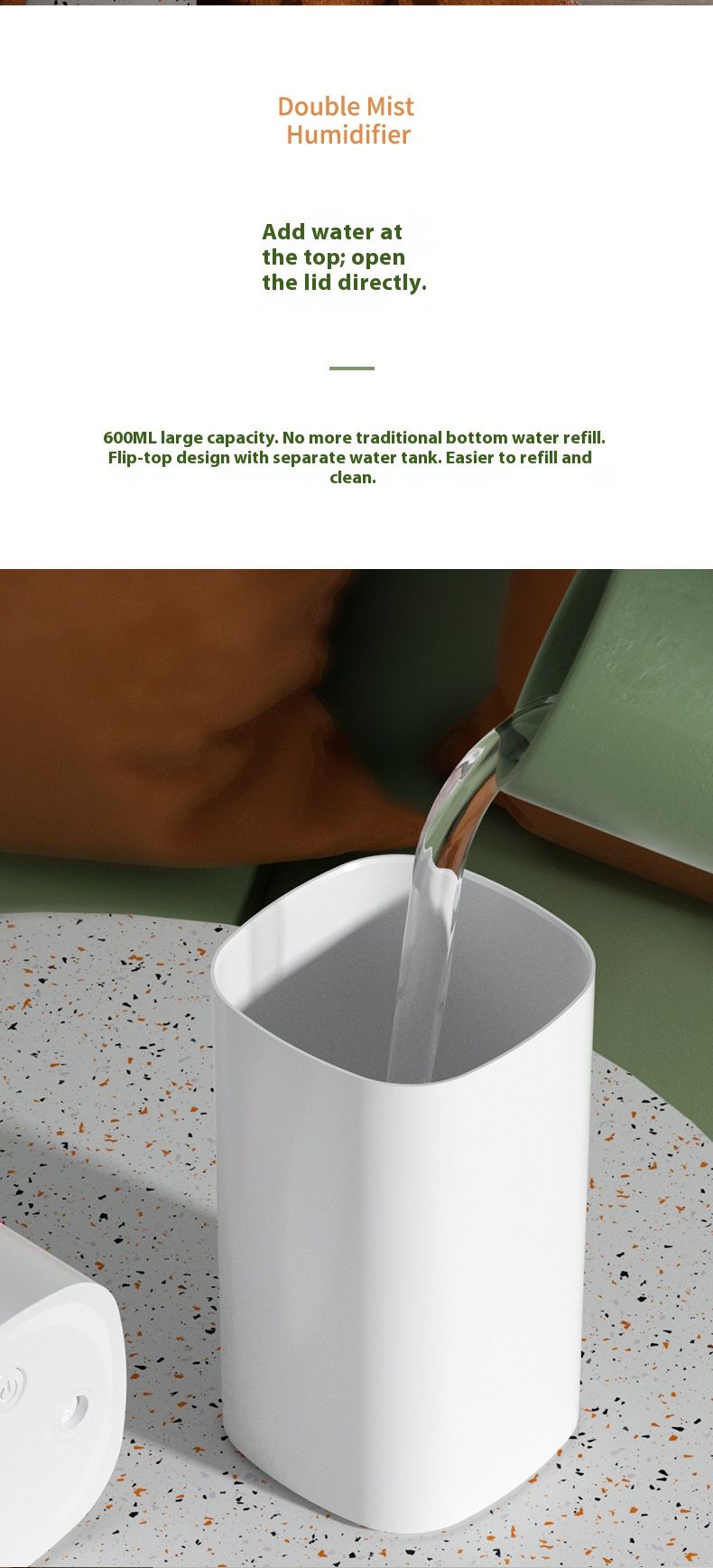 Luftbefeuchter mit zwei Düsen – USB-/Auto-betriebener tragbarer Luftbefeuchter mit 2 Sprühstößen für Zuhause und unterwegs (500 ml – 1 l Fassungsvermögen, 10–20 m² Abdeckung, 36 dB leise)_voghion.com