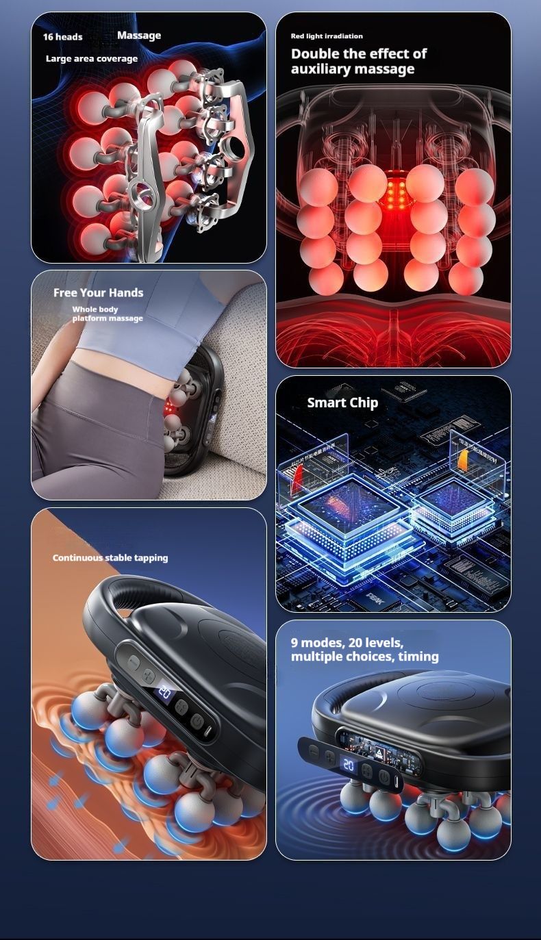 Pistola per massaggio a percussione professionale a 16 testine: motore brushless, 30 velocità regolabili, 9 modalità di massaggio, terapia a infrarossi, batteria da 2000 mAh, ultra silenziosa_voghion.com