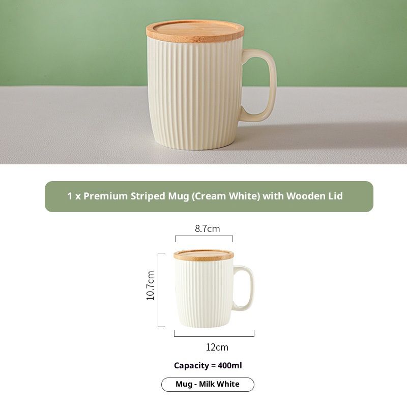 Handcrafted Glazed Ceramic Mug With Vertical Lines - 400ml Elegant Coffee Cup For Home & Office, Comes With Lid_voghion.com