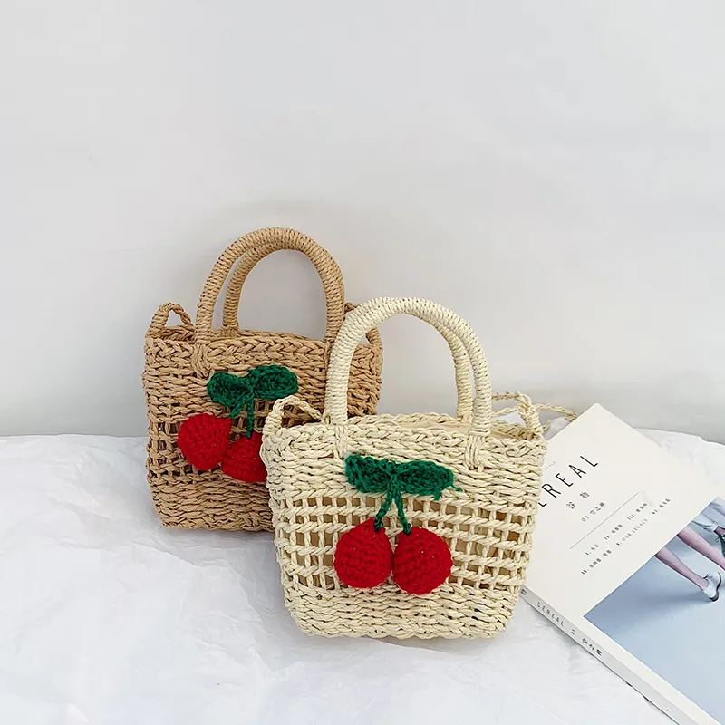 Mochilas de moda de verano para niñas, bolso de hombro, bonito bolso bandolera de paja con forma de cereza y fruta, monedero para niños, mini mochila de princesa_voghion.com