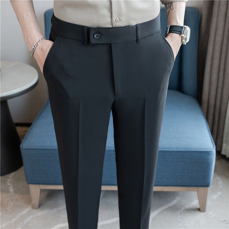 Summer new men's casual trousers, thin comfortable small straight nine-point trousers, elastic and drape on all sides, white trousers_voghion.com