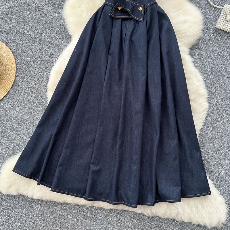Abito senza maniche in denim elegante e sottile, con scollo a V, bottoni in metallo, vita scoperta, stile retrò, per donna, estivo_voghion.com