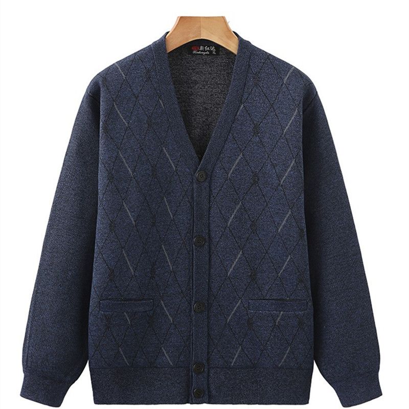 Strickjacke für ältere Menschen mittleren Alters, Herren, Frühling und Herbst, V-Ausschnitt, gestrickter Jacquard-Pullover mit offener Vorderseite_voghion.com