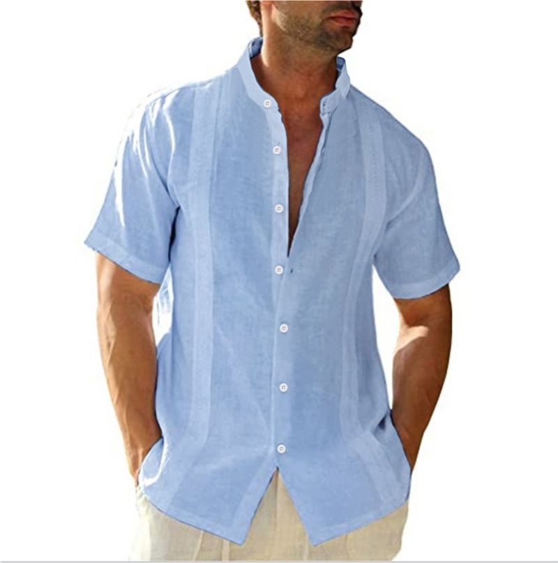 Camisa casual masculina de algodão e manga curta com gola alta para jovens 2022_voghion.com