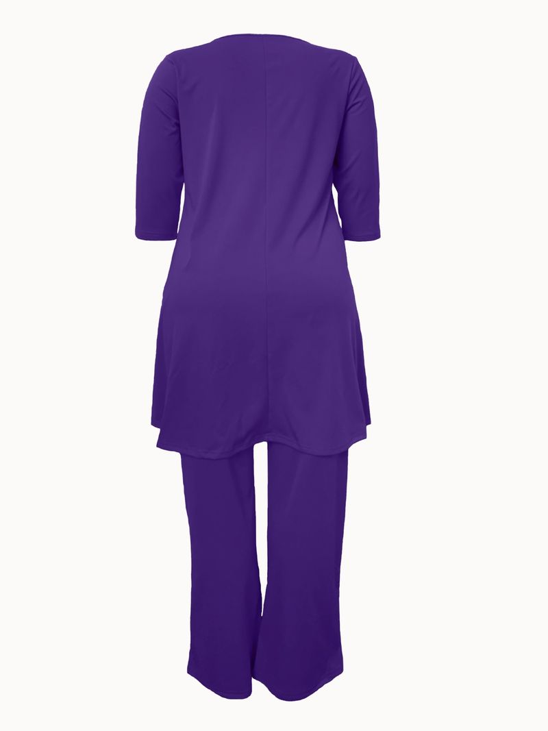 Conjunto feminino de duas peças, tamanho grande, manga comprida_voghion.com