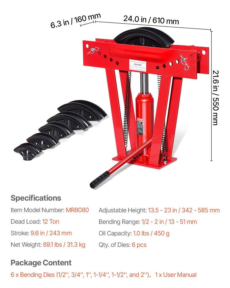 Hydraulic Pipe Bender 12 Ton Manual Pipe Bending Tool With 6 Dies_voghion.com