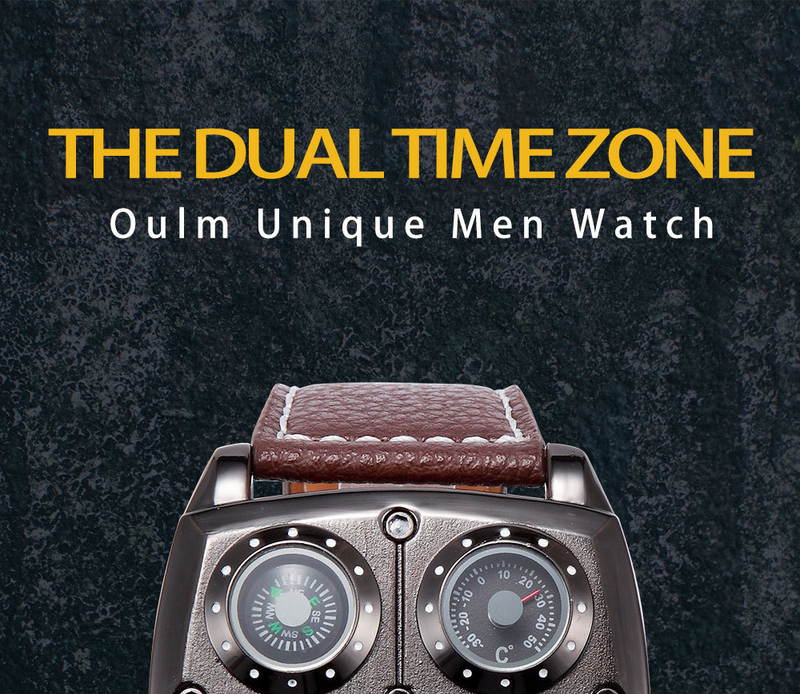 Men's Sport Watch With Compass, Thermometer & Dual Time Zone - Large 49mm Square Dial, Quartz Movement, Leather Strap Men's Quartz Watch_voghion.com