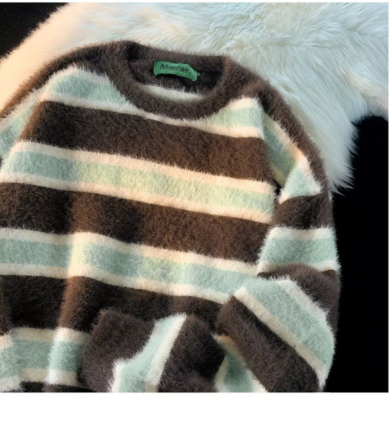 Pull en tricot à col rond paresseux et urieux de marque tendance d'hiver à rayures rétro américaines pour couples_voghion.com