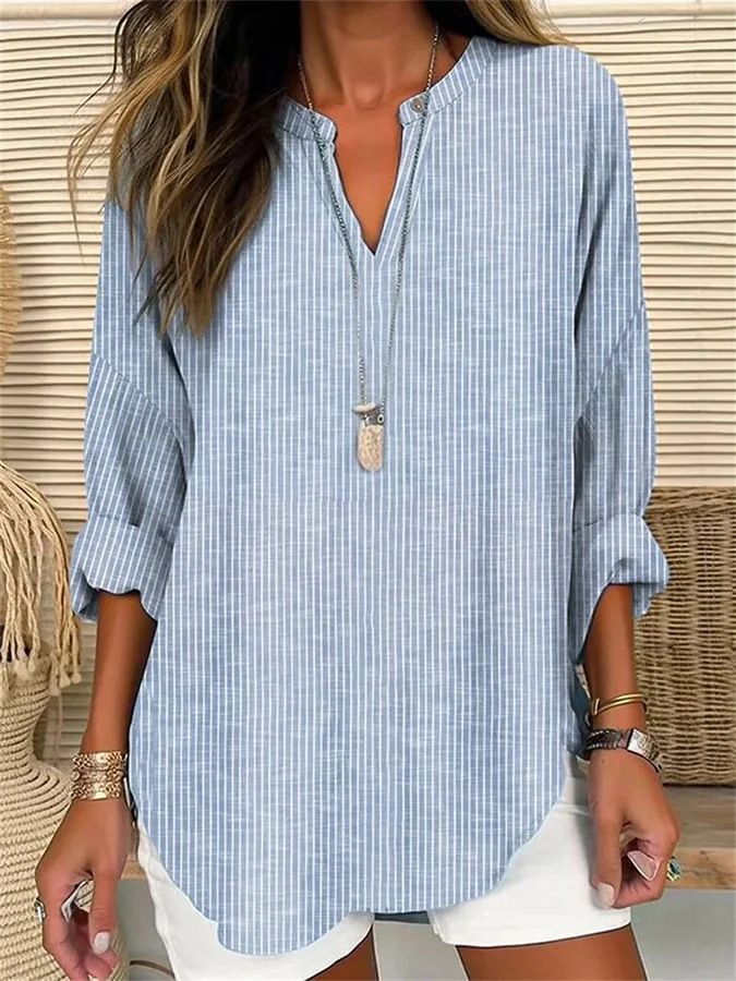 Women's Clothing Small V Neck Button Drop Shoulder Long Sleeve Women's T Shirt With Curved Hem_voghion.com