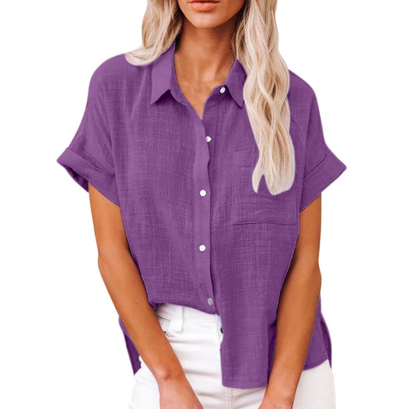 Abbigliamento da donna, nuova camicia casual a maniche corte, ampia, da donna, tinta unita, con bottoni in lino_voghion.com