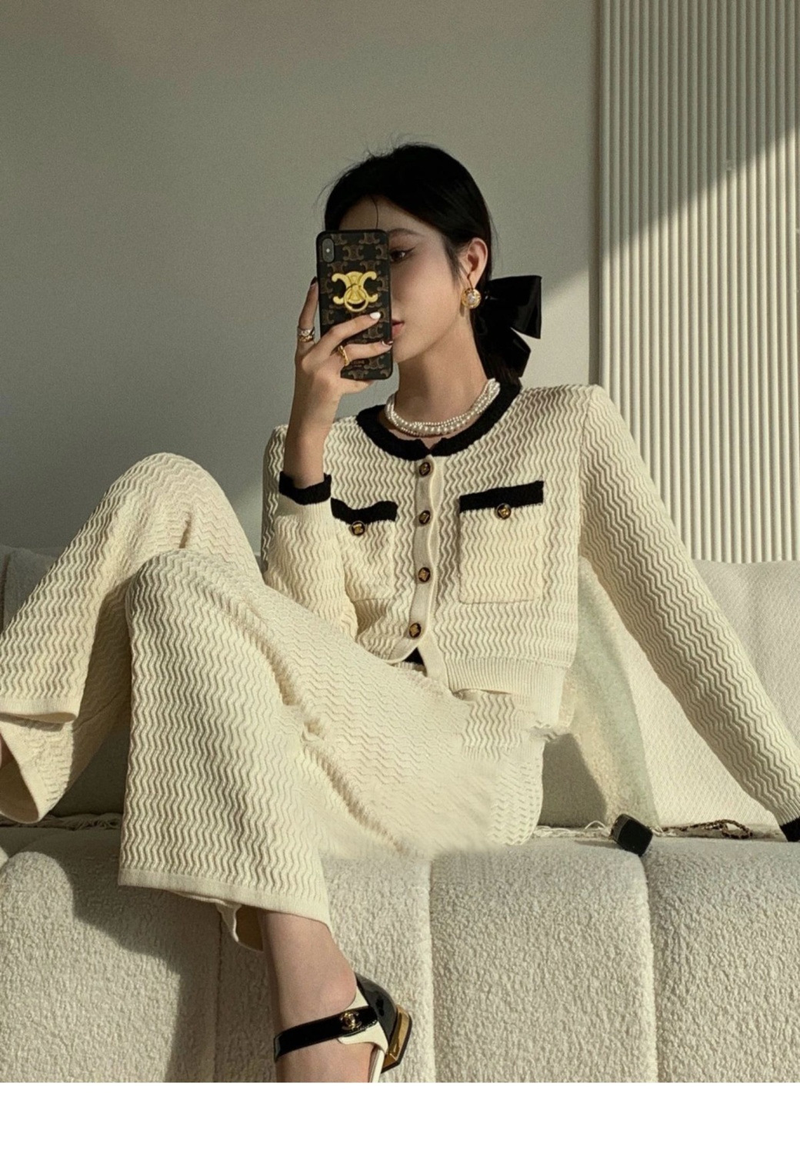 Leichter Luxus für Damen, faules Temperament, kleiner Duftanzug, hochwertige Strickjacke, zweiteiliges Set mit hoch taillierten Hosen mit weitem Bein_voghion.com