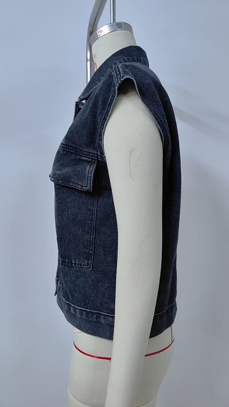 Damenbekleidung New Style Washed One Row Denim Weste Weste Trend_voghion.com