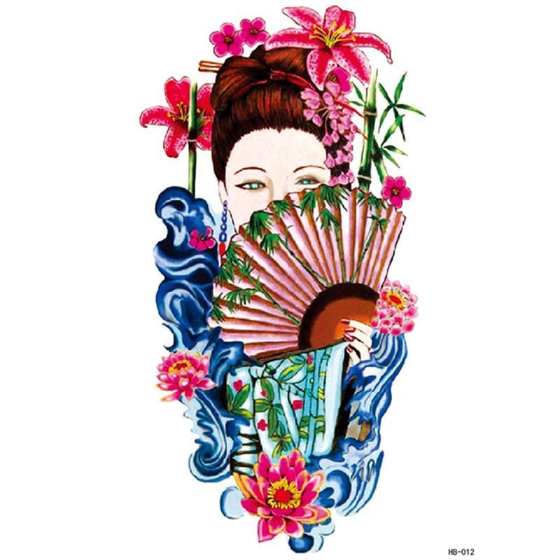 Adesivo per tatuaggio impermeabile con bellezza di geisha e braccio floreale_voghion.com