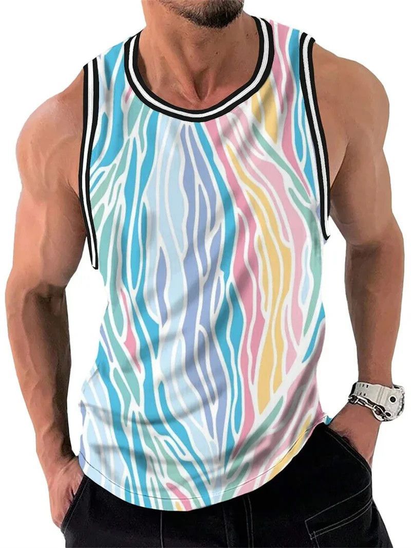 Vacation Refreshing Slightly Elastic Polyester Colorful Striped 3D Printed Wide Men Summer Sleeveless Vest_voghion.com