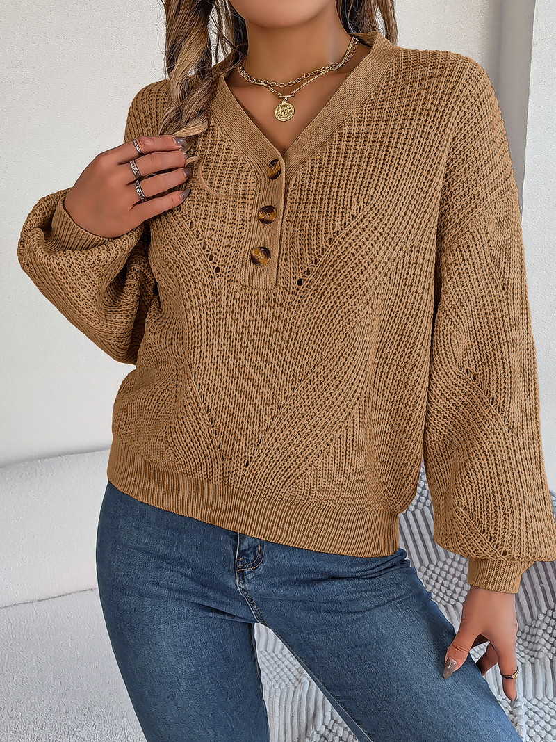 Maglione da donna con scollo a V e maniche a lanterna cava, maglione oversize, top casual in maglia tinta unita_voghion.com
