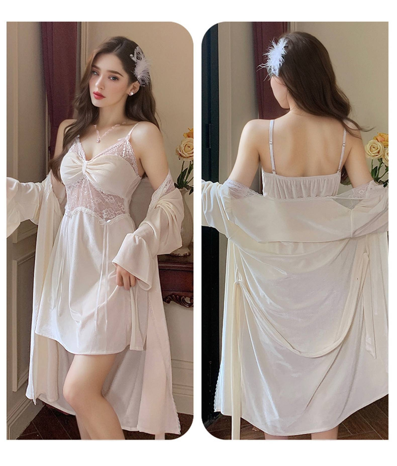 Camicia da notte da donna in due pezzi con cuscino per il seno, camicia da notte termica sexy a maniche lunghe_voghion.com