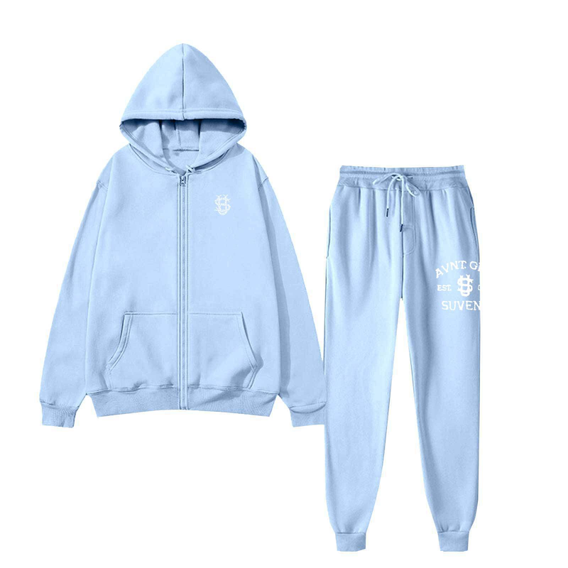 Conjunto de sudadera y pantalón de polar con cremallera para hombre: traje informal con estampado para primavera y otoño._voghion.com
