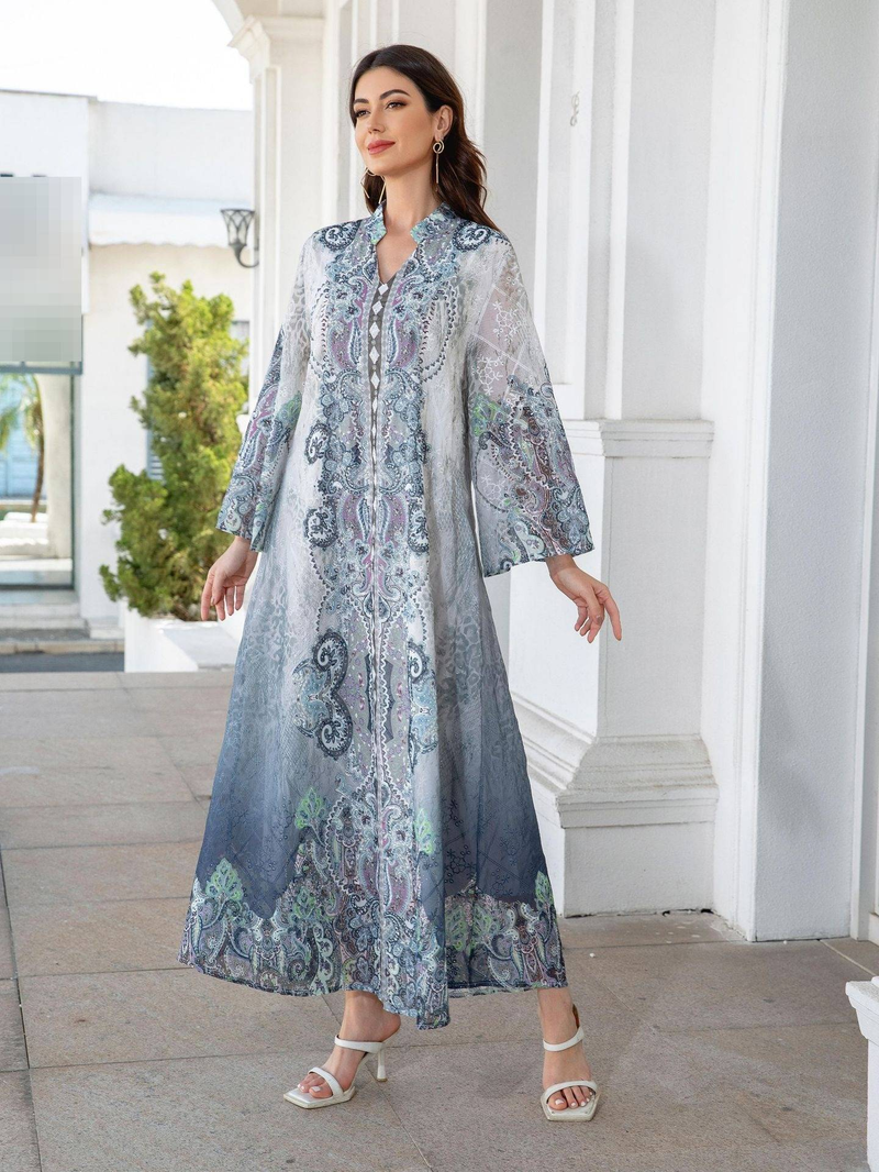 Elegantes besticktes Abaya-Kleid mit Blumendruck und Kristallverzierungen – schlichtes muslimisches Maxikleid mit langen Ärmeln für Damen (Blau, S-XXL)_voghion.com