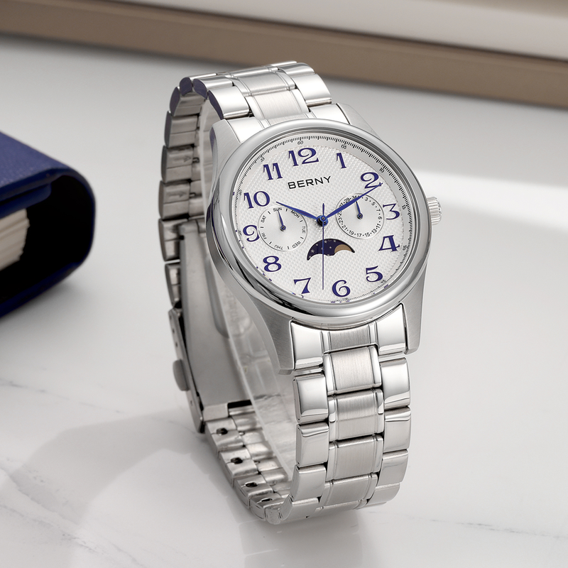 BERNY Watches For Men MultiFunction Analog Quartz Moon Phase Watch With Day Date Stainless Steel Easy To Read Waterproof Dress Men's Wrist Watch_voghion.com