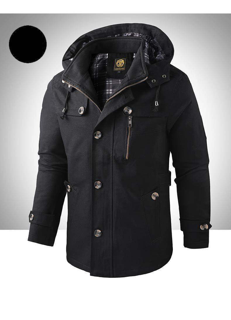 Men's Longline Washed Cotton Hooded Jacket - Vintage Workwear Style Windbreaker With Button Details, Slim Fit Casual Coat_voghion.com