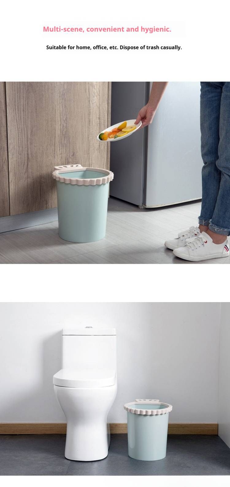 Round Open-Top Trash Bin For Home – Lightweight Plastic Waste Basket, No-Slip Press Ring, Ideal For Kitchen, Bedroom, Office (Blue/Green/Pink)_voghion.com