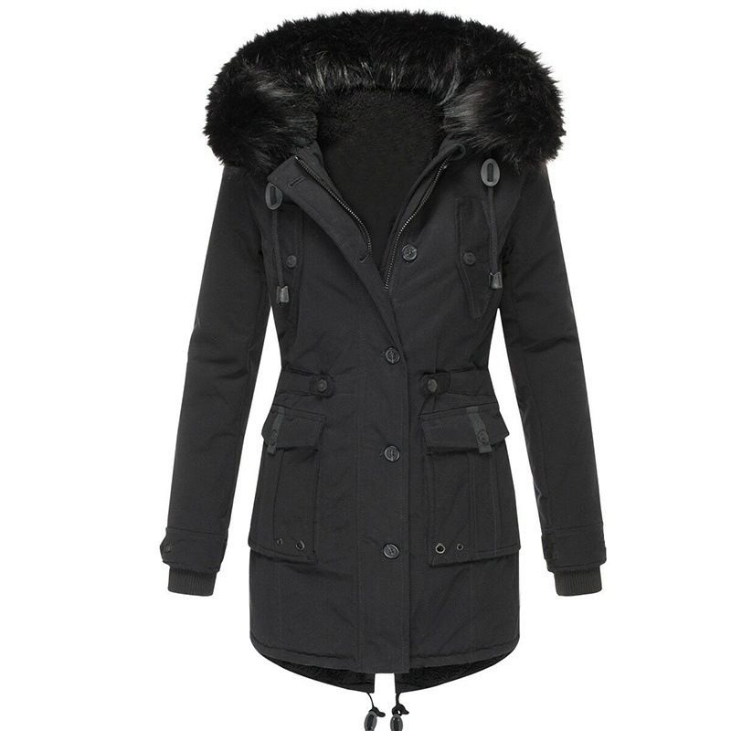 Winterjas voor dames met fleecevoering, dikke katoen, imitatiebontkraag, uitlopende zoom en lange mouwen. Casual bovenkleding._voghion.com