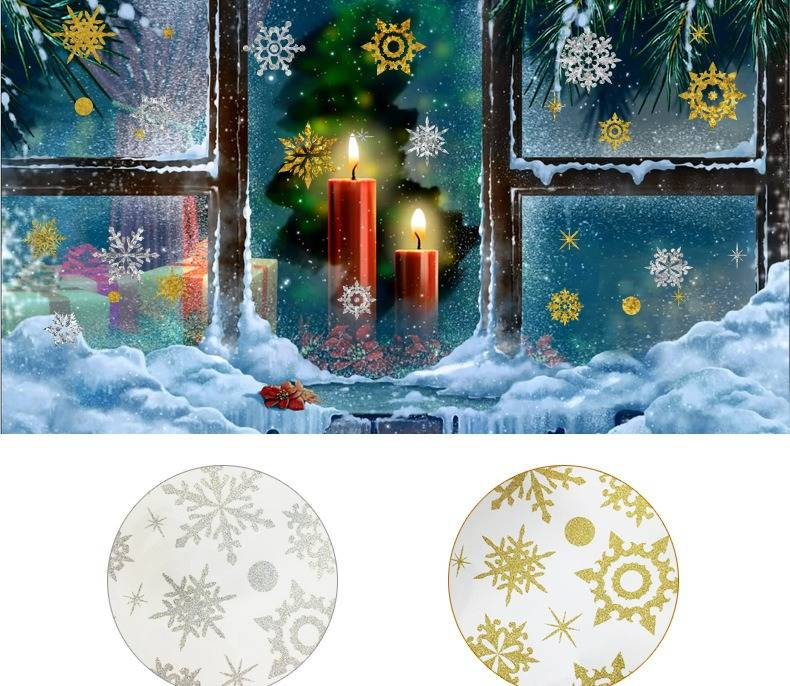 Pegatinas navideñas premium de copos de nieve para ventanas: PVC dorado y plateado para vidrio, paredes y decoración navideña (30 cm x 45 cm)_voghion.com