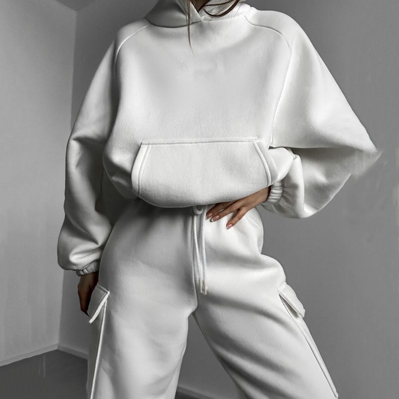 Conjunto deportivo de moda para mujer: sudadera con capucha y pantalones deportivos de mezcla de poliéster y algodón grueso (azul/rojo/marrón/caqui/negro/blanco)_voghion.com