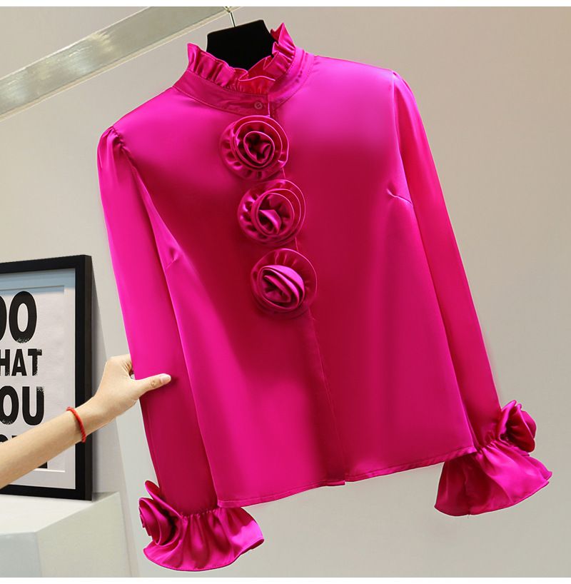 Camicia da donna a maniche lunghe, casual, con fiori pesanti, nuova versione primaverile, ampia, sottile, tinta unita, collo alto, lucida_voghion.com
