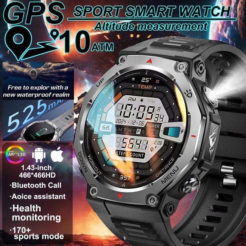Orologio intelligente robusto per sport all'aria aperta KT85, display HD AMOLED da 1,43", batteria a lunga durata da 525 mAh, monitoraggio del fitness, calorie e distanza._voghion.com