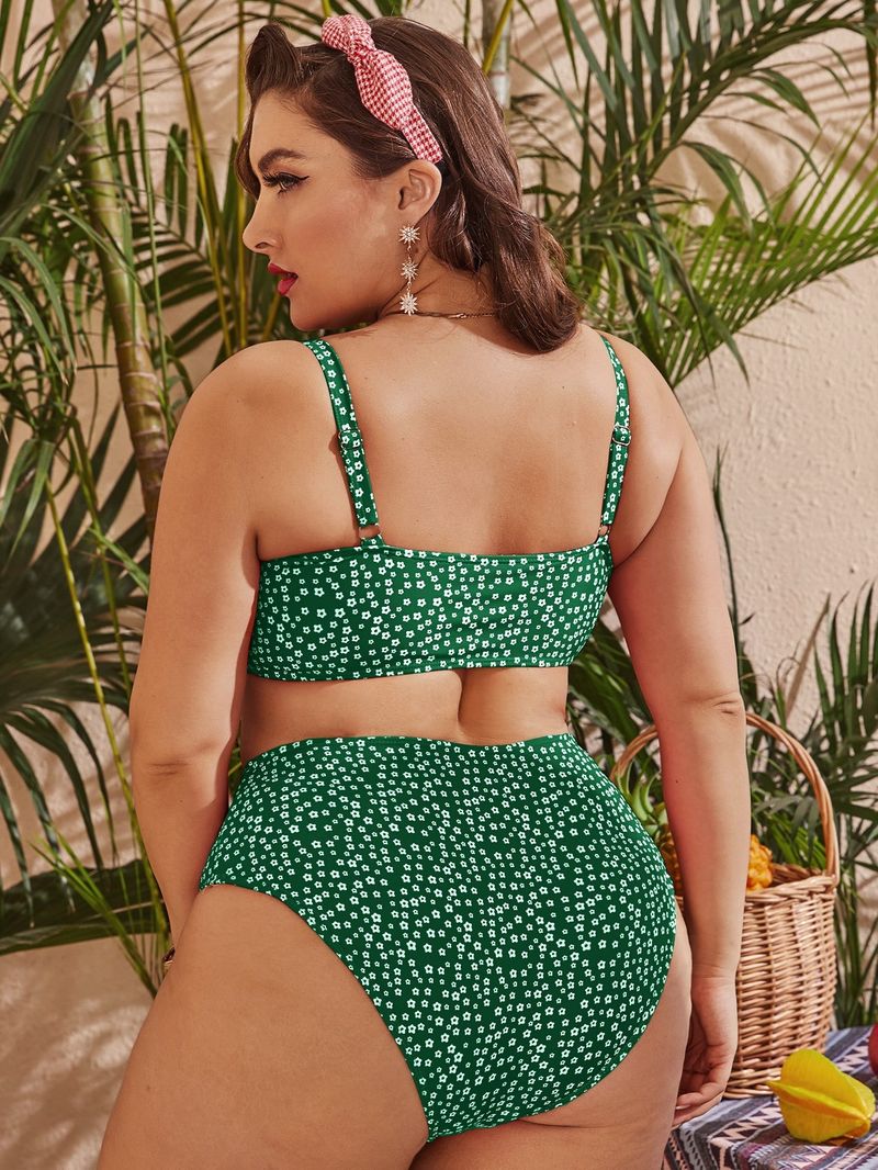 Plus Size High Waist Bikini Set - Floral Print & Polka Dot Swimsuit For Women Tummy Control Two-Piece Swimwear With Adjustable Ties_voghion.com