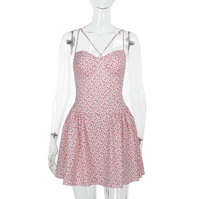 Damenbekleidung Kurzer Rock Blumen Rückenfrei Träger A-Linie Schlankheits-Hosenträgerkleid Sommer_voghion.com