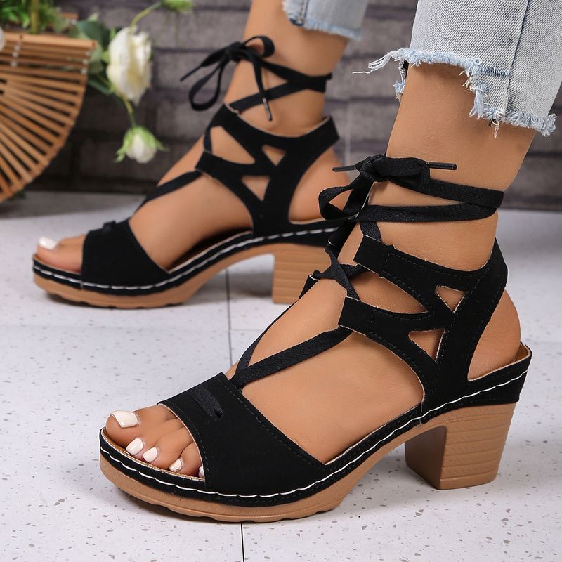 Plus Size Chunky Heel Spring Summer New Hollow Peep Toe Flower Buckle Casual Women's Sandals Strappy_voghion.com